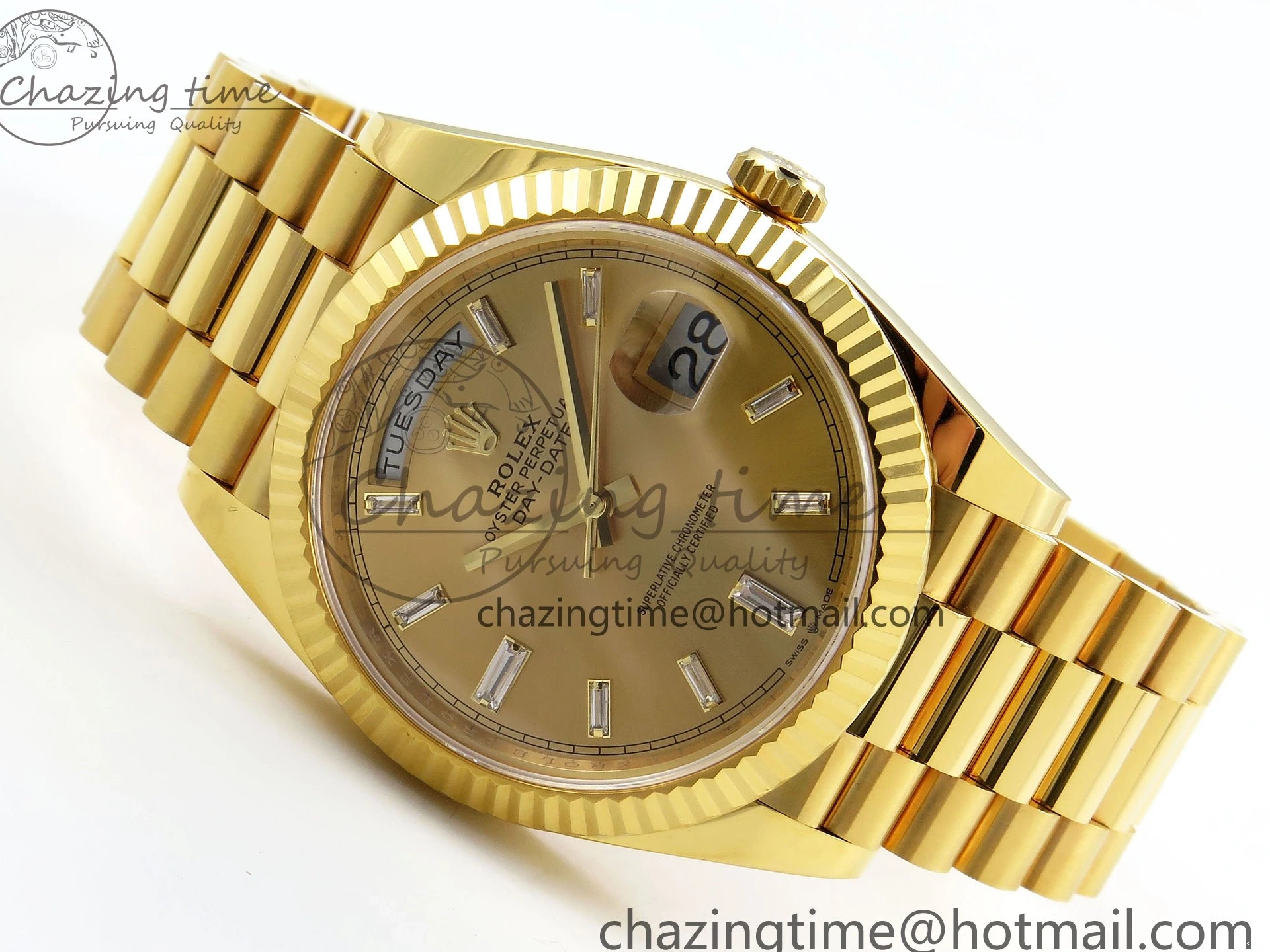 MiroTime 0105 WrinkleFree DayDate 40 228238 ARF 904L Steel YG Crystal Diamonds Bezel on President Bracelet VR 1550